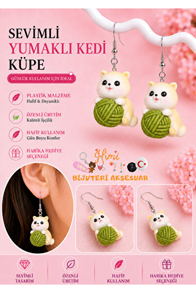 himi bijuteri aksesuar Cheerful Cute Rope-Strung Cat Animal Figure Dangle Ear...