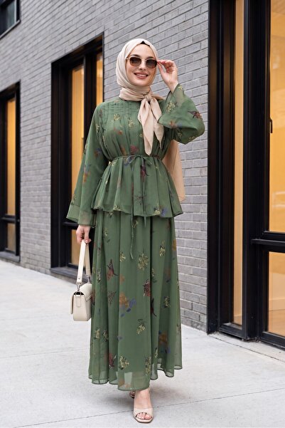 Modamorfo Spanish Sleeve Lined Belted Floral Patterned Skirt Chiffon Suit -Khaki