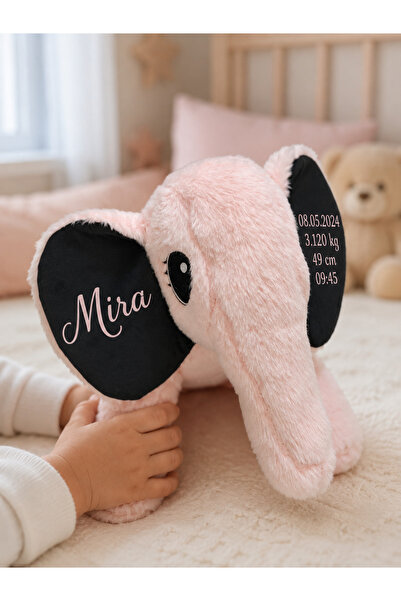 Emsera Atelier Kişiye Özel İsimli Peluş Fil Oyuncak Bebek Hediyesi Pembe