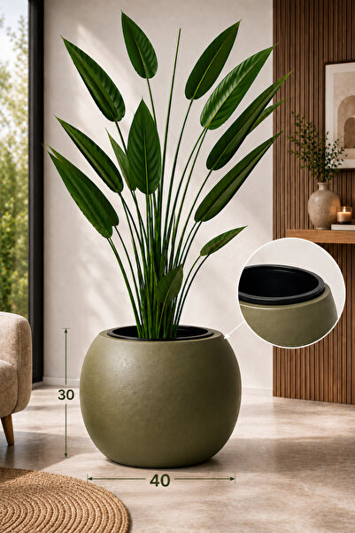 CANBOTANİK Küre Model ZEYTİN YEŞİLİ 40x28 Yuvarlak Dekoratif Salon Saksısı