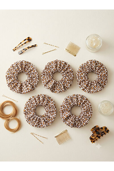 Se&On dizayn 5 li set leopar desenli kumas scrunchie lastik toka simit toka