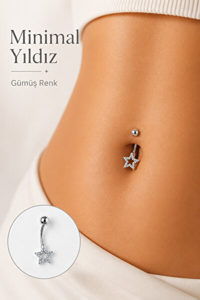 moonzy - minimalist & cozy Minimal Yıldızlı Göbek Piercingi Zirkon Taşlı Çeli...