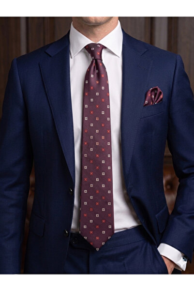 Gutiero Claret Red Patterned Classic Tie with Handkerchief