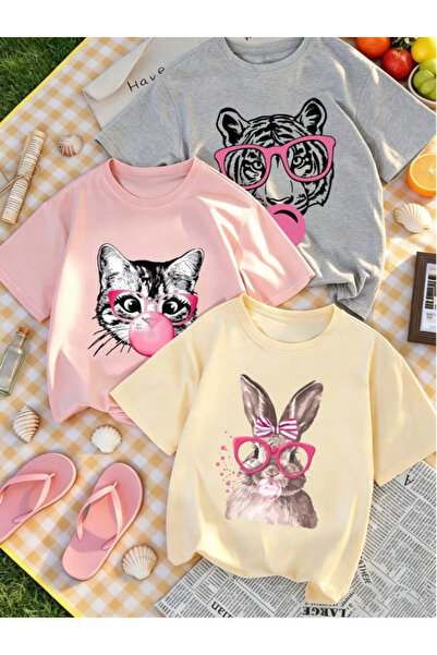 Cans Kız Çocuk 3'Lü Paket Baskılı kedi tavsan baskılı [sarı-pembe-gri)