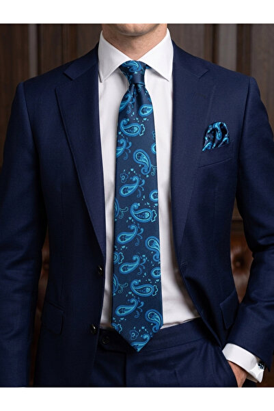 Gutiero Navy Blue Patterned Classic Tie with Handkerchief