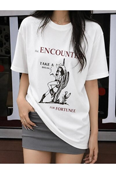 Elvino The Encounter Printed Crew Neck Cotton White Women'S/Men's Unisex Over...