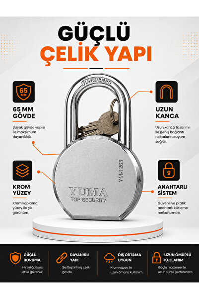 Zeyn Gross Yuma 65 mm Uzun Kancalı Çelik Asma Kilit YM-1265L Anahtarlı Güvenl...