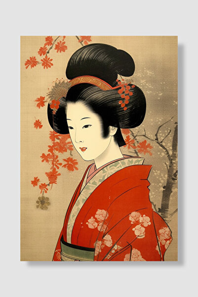 Luna Marissa Japanese Geisha Poster Vintage Red Kimono Cherry Blossom Portrai...