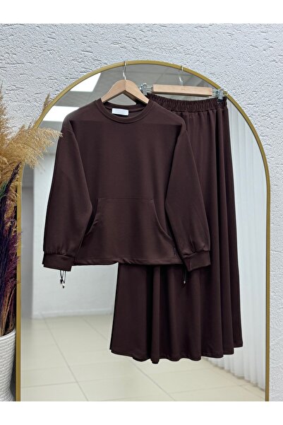 MİHRA STORE طقم تونيك داريانا كانغرو مع جيوب وتنورة ضيقة. MF1887-NL678 بني