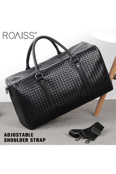 ROAISS Men's Pu Leather Travel Handbag Large Capacity Woven Appearance Waterp...