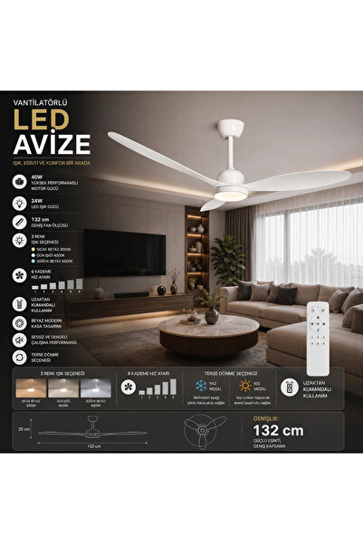 SeckinStore Vanti Kcf321 52''(132cm) Ledli Dekoratif Tavan Vantilatör 40w (Mo...