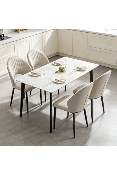 HayaBazaar Modern Curved Armrest Dining Chair, Faux Leather Back & Linen Padd...