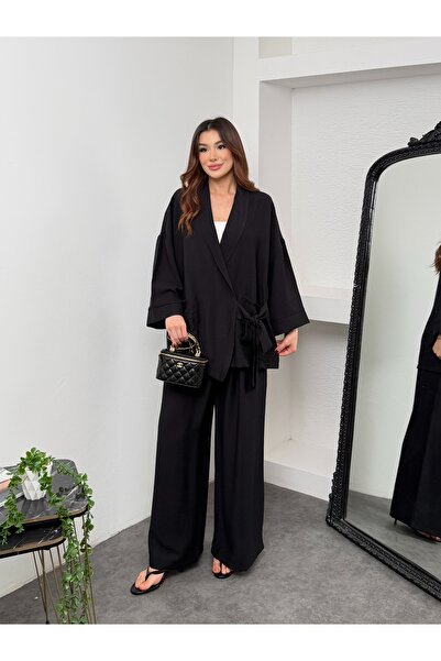 MiraMore Butik Women's Double-Breasted Tie-Waist Wide-Leg Pants Set with Pockets