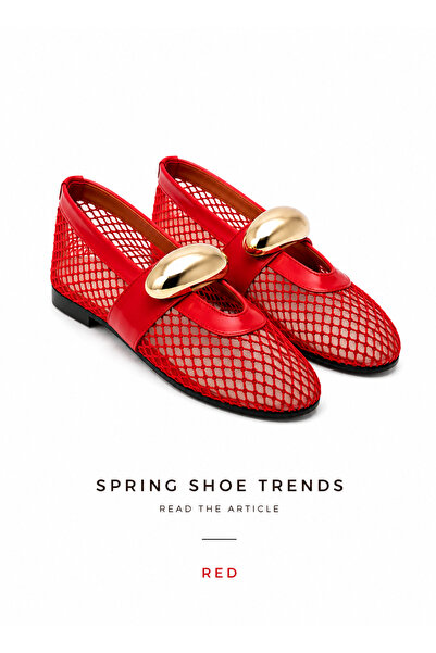 Eataly Shoes Cody Red Gold Buckle Detailed Ballerinas