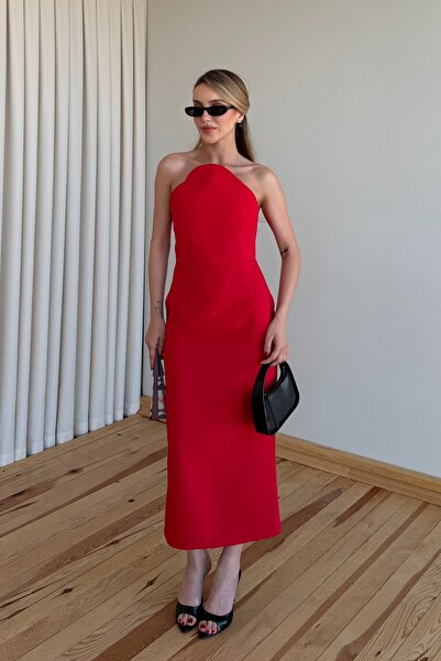 Laluvia Red Design Collar Slit Long Dress - 8581