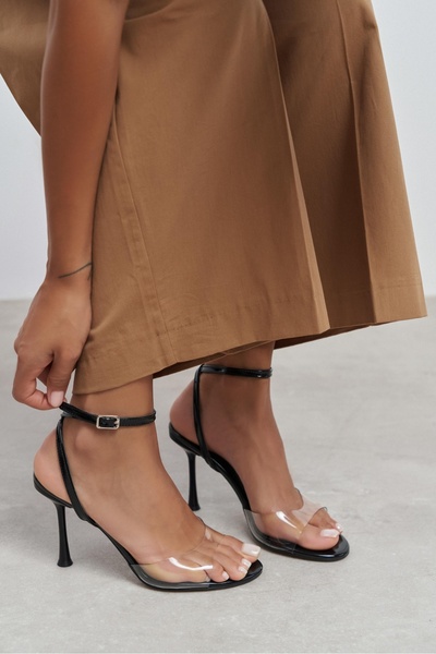 NİŞANTAŞI SHOES Vesper Black Patent Leather Transparent Front Thin Heeled Wom...