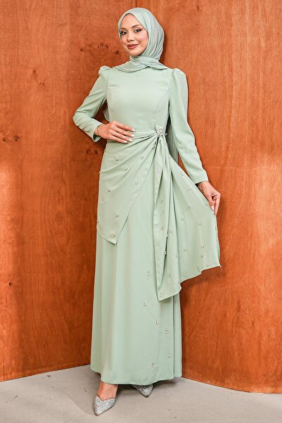 İmajButik Mint Yeşili Bel Detaylı Taşlı Abiye