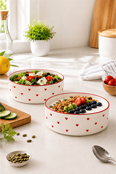 EvaniLife 2'Li Red Love Model El Yapımı Orta Boy Seramik Salata Kasesi - Diye...