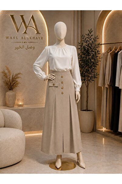 WASL ALKHAIR تنورة نسائية بقصة كلاسيكية واسعة وفتحة أمامية مع أزرار وتفصيل جي...