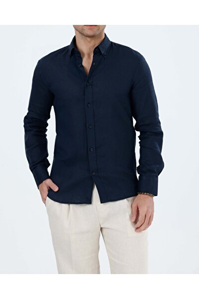 TerziAdemAltun Italian Style Slim Fit Men's Stand Collar Linen Shirt Navy Blu...
