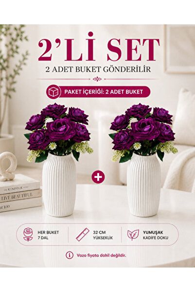MD Aspiz Flowers 2 Demet Yapay Çiçek 7Li Lüx Pembe Kadife Gül Demeti ( Saksıs...