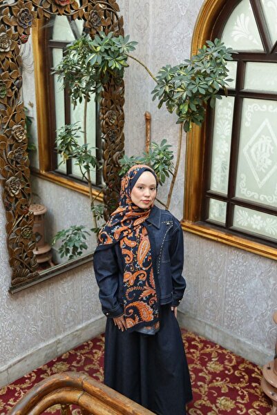 ENRİCO FERRİ Noa Motif Patterned Shawl - Dark Navy Blue Orange