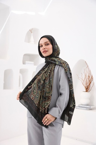 ENRİCO FERRİ Petra Nazende Patterned Shawl - Smoked Green