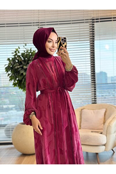 ORHAN STORE 08-1892 Kendinden Desenli Ön Fermuar Parçalı Elbise Fuşya