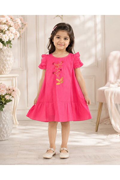 Generic Girls Pink Ruffle Sleeve Floral Embroidered Dress, Ages 2Y-6Y