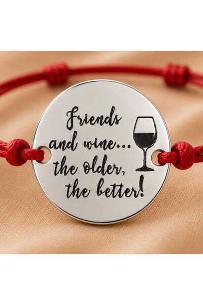 Simoshop Brățară cu bănuț din argint 925 gravat "Friends and Wine", șnur roșu