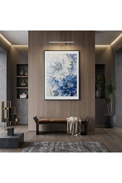 KOLAJTASARIM Ακουαρέλα Floral Ice Blue Tones Μονόχρωμη Μαύρη Μεταλλική Κορνίζ...