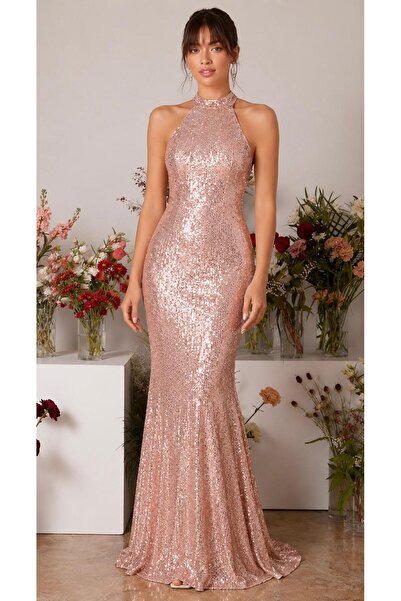 elissaa HALTER YAKA UZUN PUL PAYET ABİYE ELBİSE