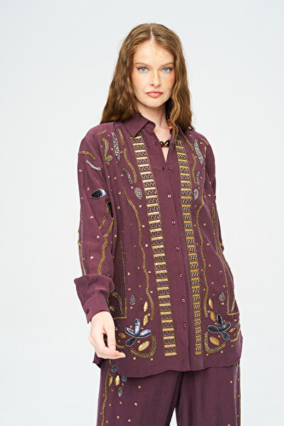 Orfeo Negro Women's Oversized Shirt with Dense Stone and Bead Embroidery