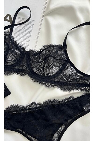 SUNDORA Elegant Siyah- Kırmızı Dantel Sütyen Külot Takım – Transparan Seksi İ...
