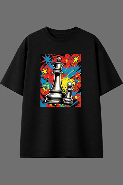 VSRN Tricou oversize negru cu imprimeu frontal Şah Piyon Design