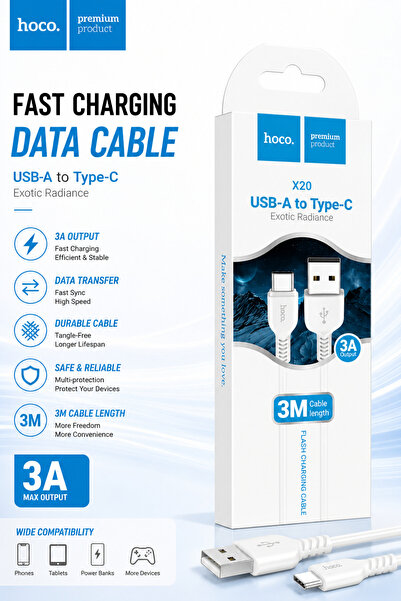 hoco. Cablu de încărcare și transfer de date HOCO X20 USB-A la USB-C, 3A, 3m,...