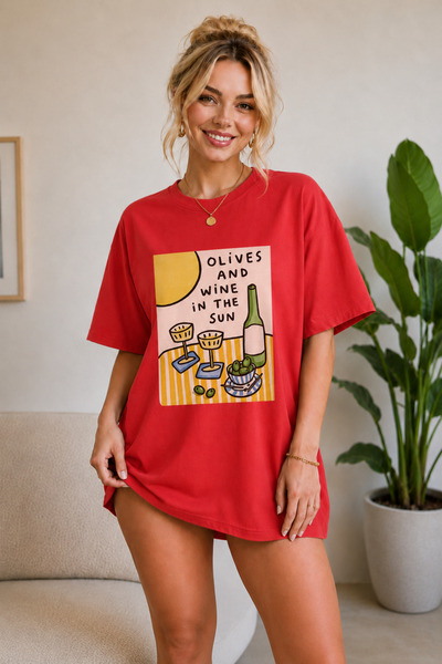 FECCY Premium Olives Printed Oversize Women's T-Shirt Cotton Oversize T-Shirt