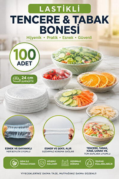 GÖZDE AKKURT astikli Tencere ve Tabak Bonesi 100 Adet 24 cm | Esnek Gıda Sakl...