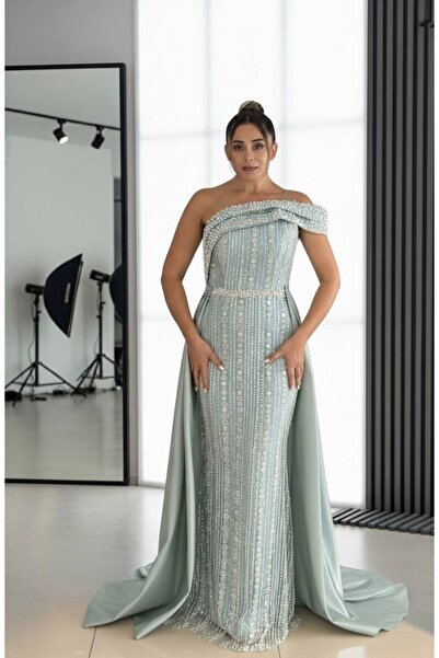 Estilo Fashion Women's One-Shoulder Stone Embellished Cape Evening Dress