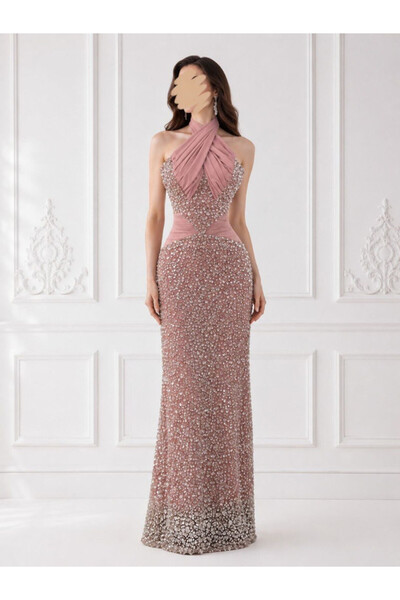 ranin Pink Evening Dress with Crystal Embellishments and Original Beadwork