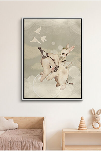 Jasmine Art Whimsical Elephant and Bunny Kids Wall Art | Portrait Framed Canv...