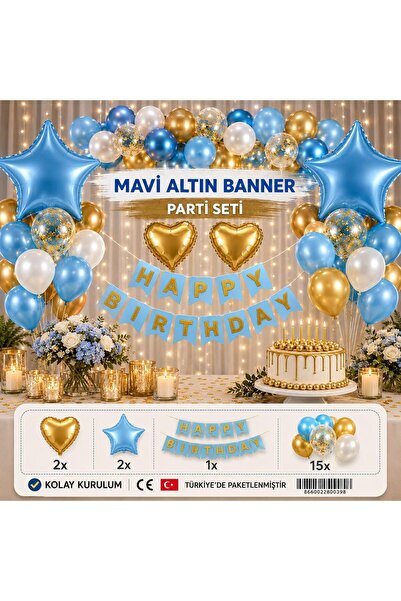 L'Opaline Mavi Altın Banner - Doğum Günü Konsepti Parti Süsleme Seti -Happy B...