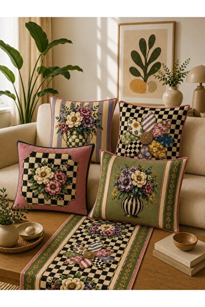 dekomingo 4'lü Dekoratif Kırlent Kılıfı 43x43 cm ve Runner 40x140 cm Çiçek De...