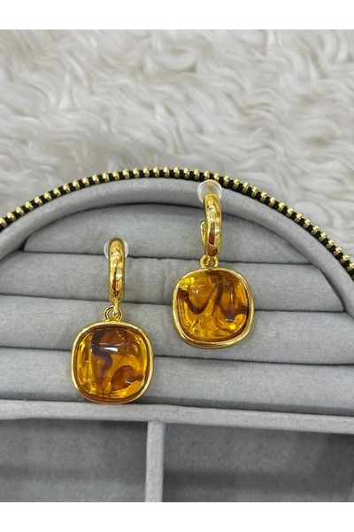 BY YASİN TOPÇU Kehribar Tonlu Kare Sallantılı Gold Kadın Küpe
