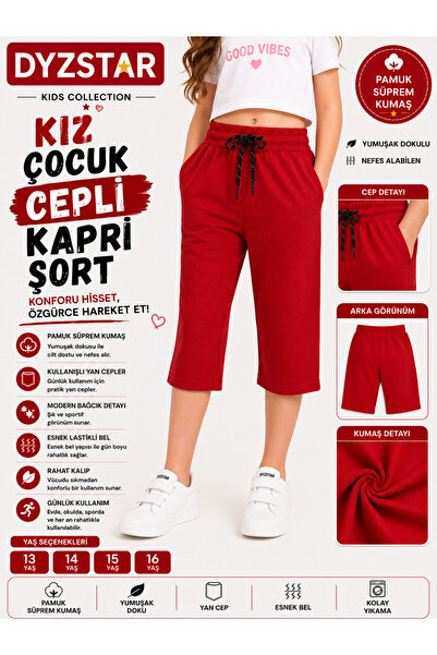 DYZSTAR Kız Çocuk Cepli Kapri Şort Kırmızı Compact Penye Rahat Kalıp Lastikli...
