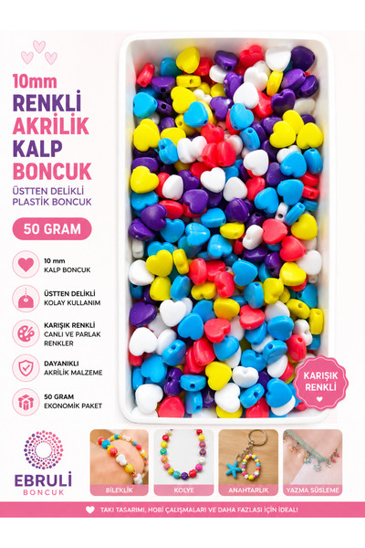 E.B EBRULİ BONCUK 10mm Renkli Akrilik Kalp Üstten Delikli Plastik Boncuk (50 gr)