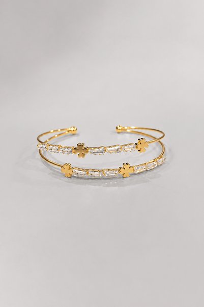 TREND COLLECTİON Women's Gold Color Clover Figured Baguette Stone Double Row Clasp Bracelet