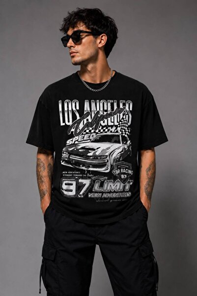 khufu Black Oversize Cotton Los Angeles Speed Back Printed Relaxed Cut Unisex...