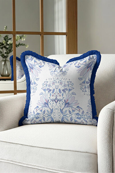 Evimde Bambaşka Floral Vintage Floral Fringe Pillowcase - Romantic Spring Blu...