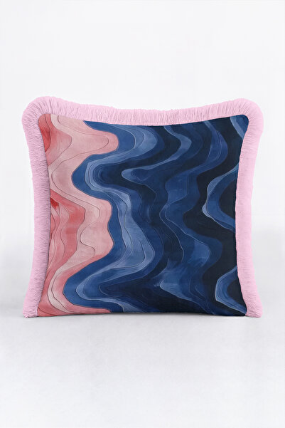 Evimde Bambaşka Abstract Wave Motif Fringed Pillowcase-Marble Bohemian Navy B...